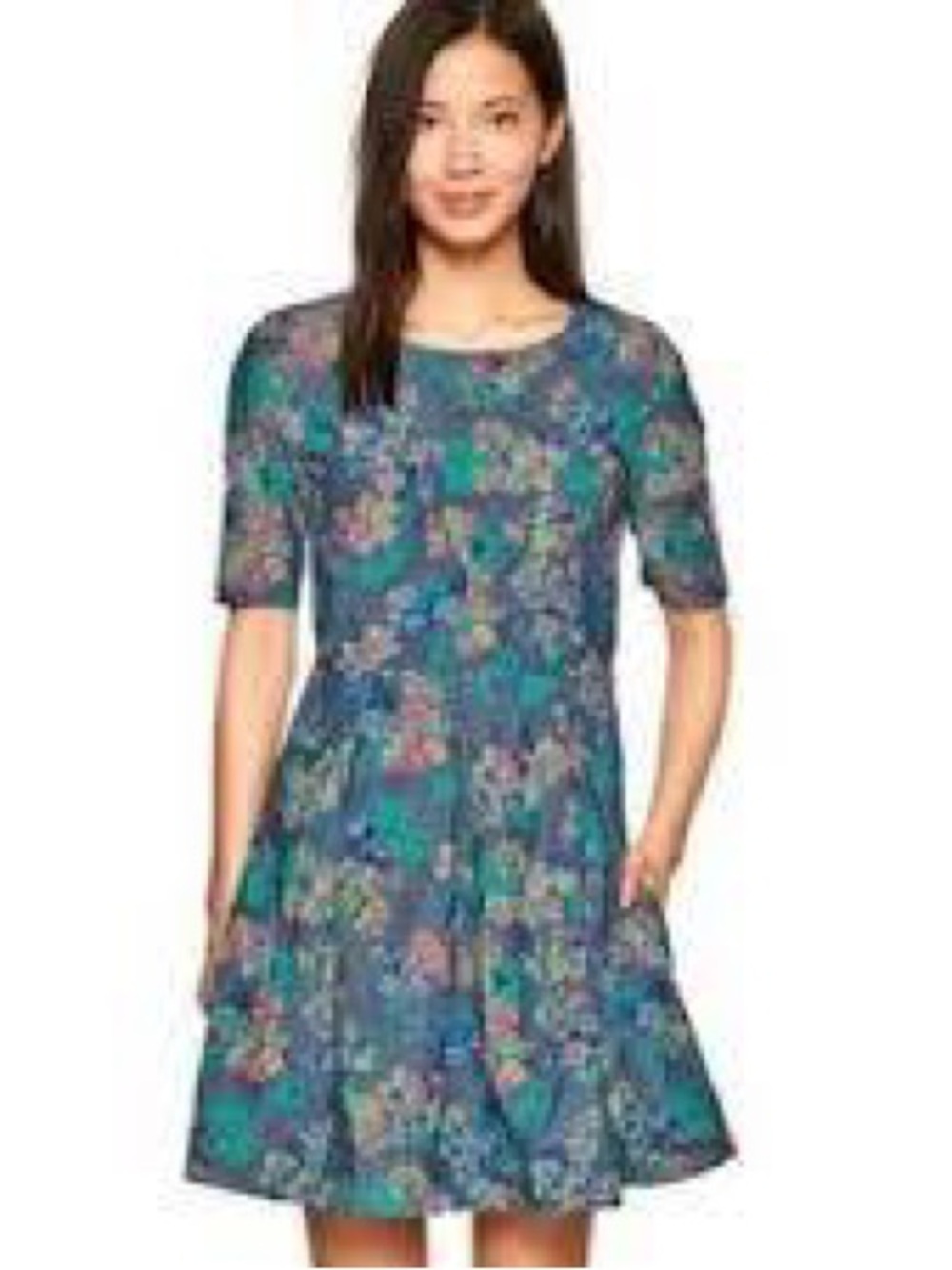 NWT Gap Chambray Floral Print Fit and Flare Pleated Skirt Dress Short Sleeve